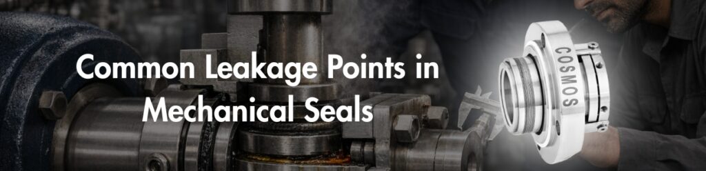 Common leakage points in mechanical seals including seal faces, O-rings, shaft interface and gland plate connections