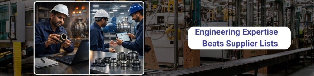 Engineers analyzing and inspecting mechanical seal components in an industrial facility with precision parts and manufacturing equipment