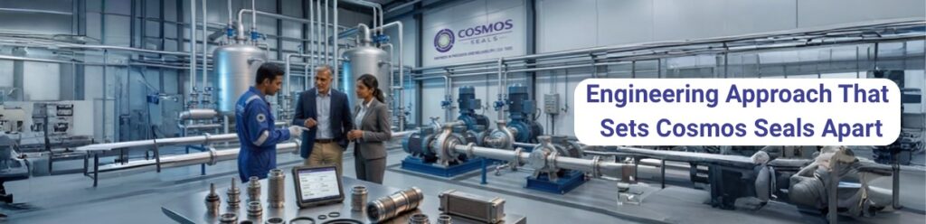 Engineering team discussing mechanical seal solutions in industrial plant with pump systems and Cosmos Seals branding