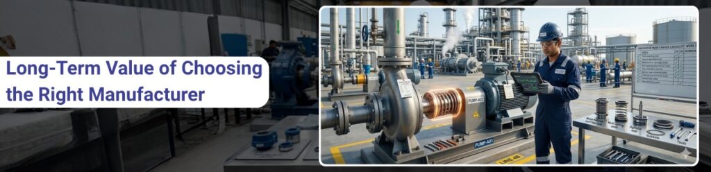 Long-term value of choosing the right mechanical seal manufacturer with engineer inspecting pump system and seal components in industrial plant