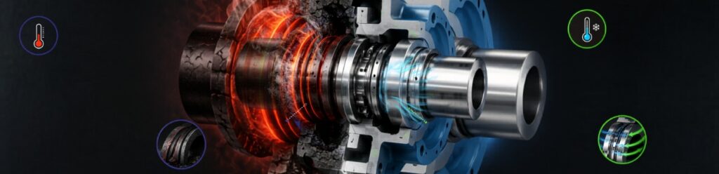 Industrial mechanical seal assembly showing heat, pressure, and lubrication effects with performance indicators highlighting cooling and sealing efficiency in heavy-duty machinery.