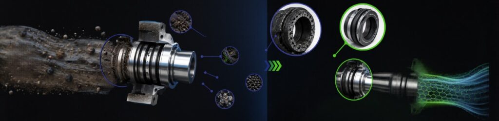 Industrial mechanical seal comparison showing contamination and clean sealing conditions, with particles and debris on one side and optimized filtration and protection on the other.