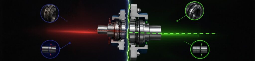 Industrial mechanical seal performance comparison showing heat, pressure, and alignment effects with a split design highlighting failure on one side and optimized sealing efficiency on the other.
