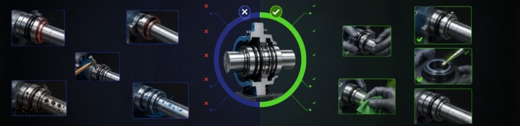 Industrial mechanical seal installation and maintenance comparison showing correct and incorrect practices including alignment, cleaning, lubrication, and quality checks for optimal performance.