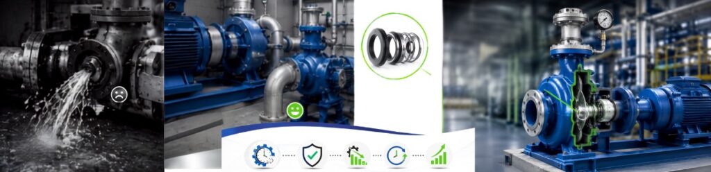 Industrial pump leakage comparison with mechanical seal solution, showing pump system, seal components, and improved performance indicators.