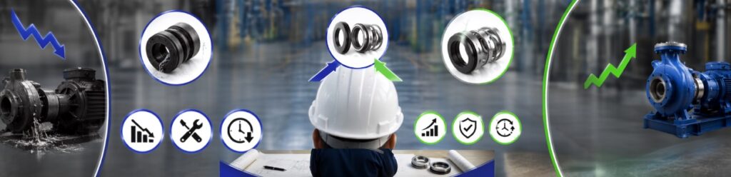 Engineer analyzing mechanical seal performance with comparison between leaking industrial pump and improved pump efficiency.