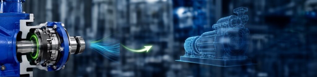 Industrial cartridge mechanical seal installed on a centrifugal pump with a digital pump blueprint illustration, representing advanced sealing technology for leak prevention, equipment reliability, and predictive maintenance in industrial applications | Cosmos Seals
