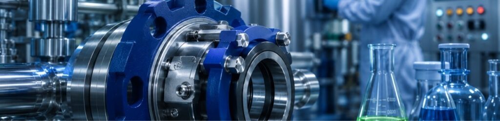 High-performance cartridge mechanical seal installed on industrial rotating equipment in a pharmaceutical manufacturing facility, ensuring leak-free operation, hygiene, and reliable sealing for process pumps and mixers | Cosmos Seals