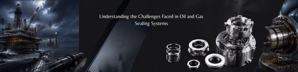 Oil and gas industrial sealing systems featuring offshore drilling platforms, pipelines, precision-engineered metal seals, and heavy industrial equipment.