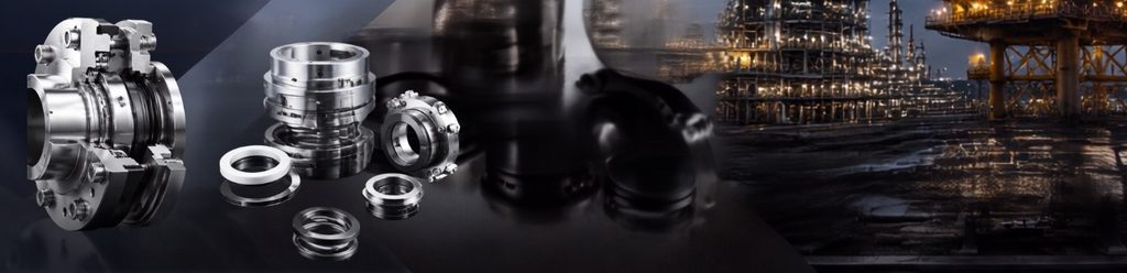Industrial sealing solutions featuring precision-engineered metal seals and mechanical components alongside an offshore oil and gas refinery facility.
